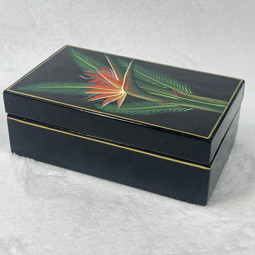Vintage Black Lacquer Bird of Paradise Trinket Box Jewelry Keepsake Box 6